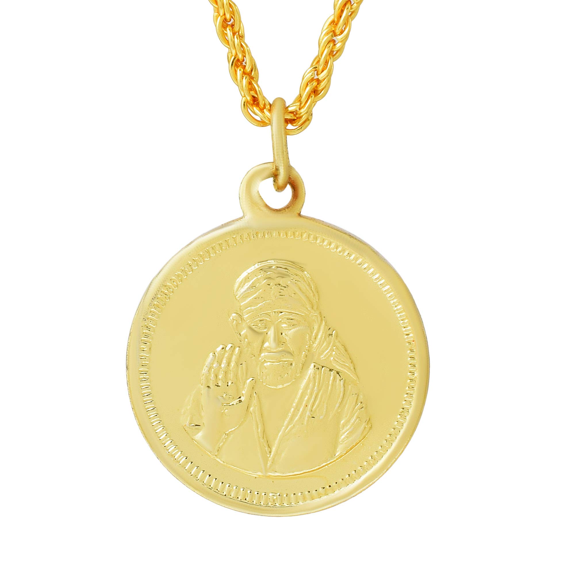 Gold Plated Shirdi Sai Baba Reversible Om Enameled Coin Hindu God Religious Chain Pendant Locket Necklace Om Sai Pendant Temple Spiritual Jewellery for Men and Women-image-41