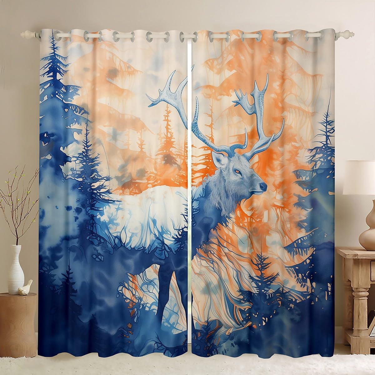 Homemissing Blue Deer Curtains Deer Hunting Window Drapes Treatments for Kids Boys Girls Orange Blue Forest Window Drapes Wild Animal Window Treatments, W66*L90,2 Panels