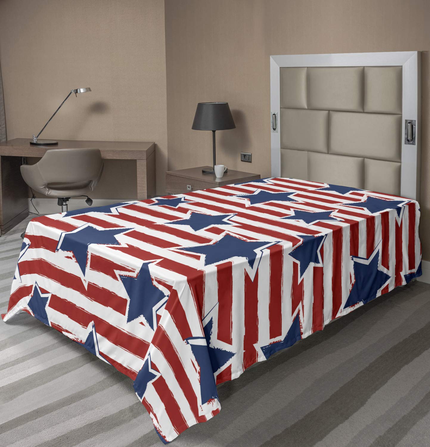 Lunarable Star Flat Sheet, Stars on Stripes USA Americana Theme Independence National Celebration Party Print, Soft Comfortable Top Sheet Decorative Bedding 1 Piece, TwinXL Size, Navy Blue Red