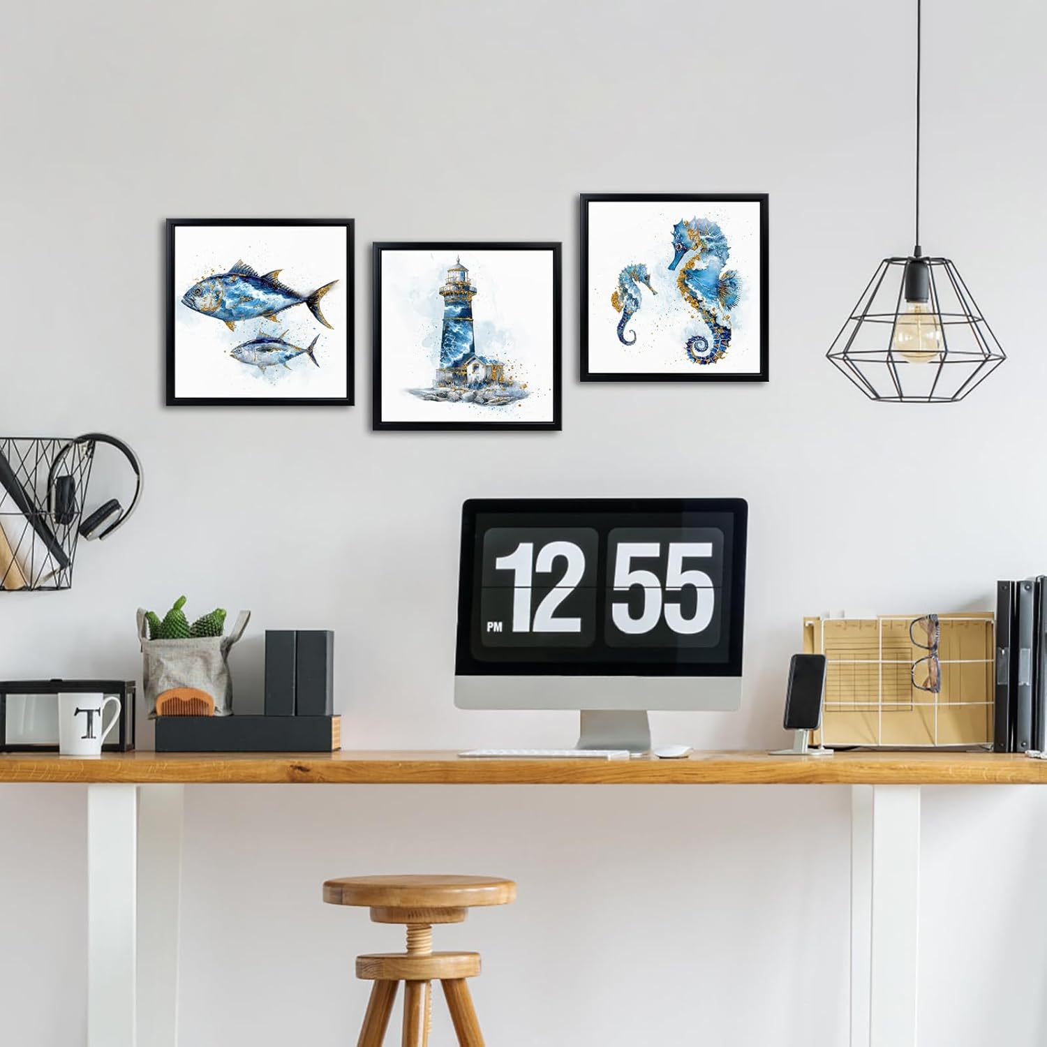 LoveHouse Framed Coastal Wall Art Blue and Gold Fish Painting Lighthouse Canvas Prints Seahorse Pictures Nautical Bathroom Wall Decor 12"x12" 3pcs