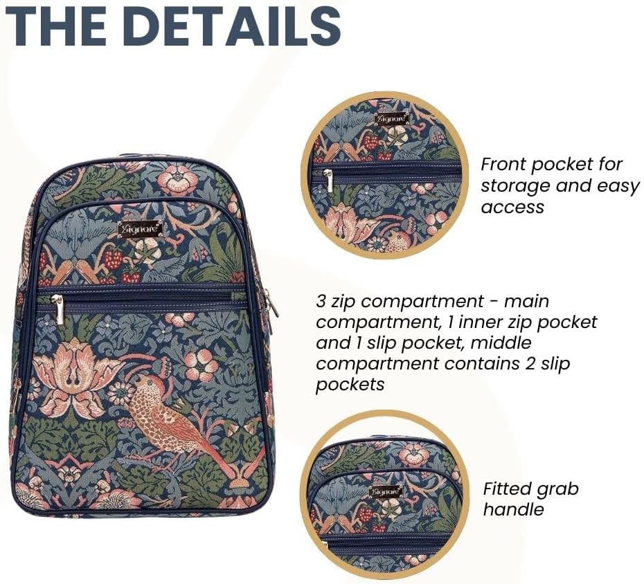 Signare Tapestry Backpack for Women Computer Rucksack Knapsack bookbags for women In William Morris Strawberry Thief Blue Design (BKPK-STBL)