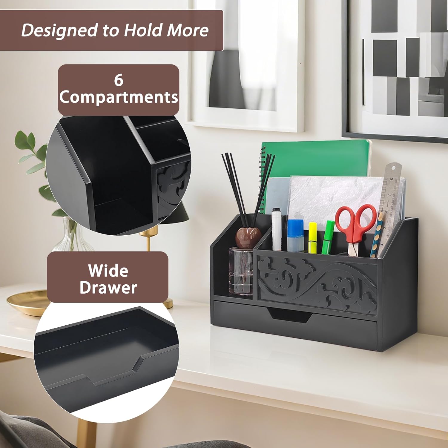 Black Wooden Mail Organizer with Drawer, Three Tiered Desk Accessories for Office Organization and Storage, Stylish Countertop Document Storage, Home/Office/Classroom Supplies (Black01)
