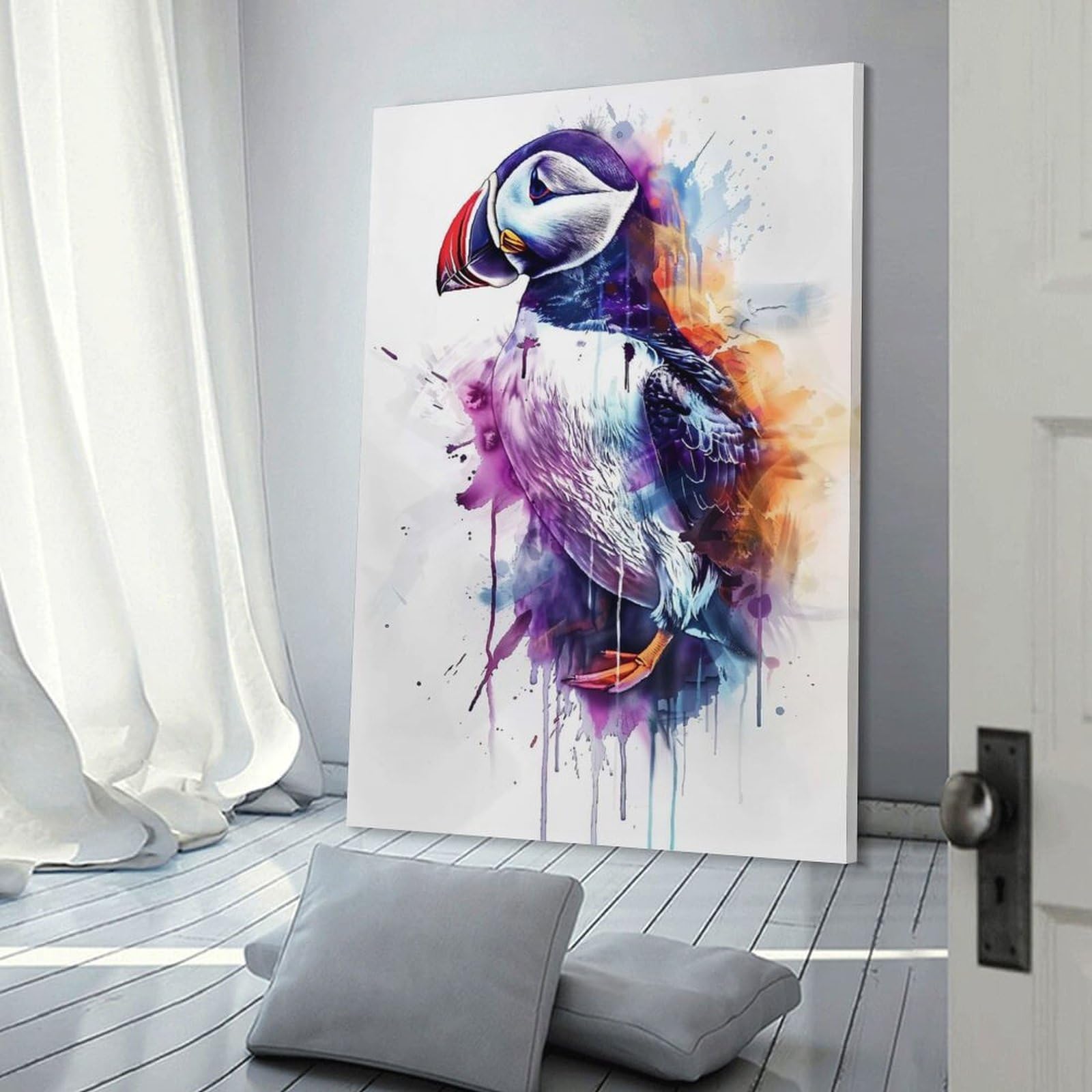 Junmoney Wall Picture Print Atlantic Puffin Watercolor, 20x30inch(50x75cm), for Entrance Walls, Hall Decor Or Foyers, A Neat Decor Update for Hallways
