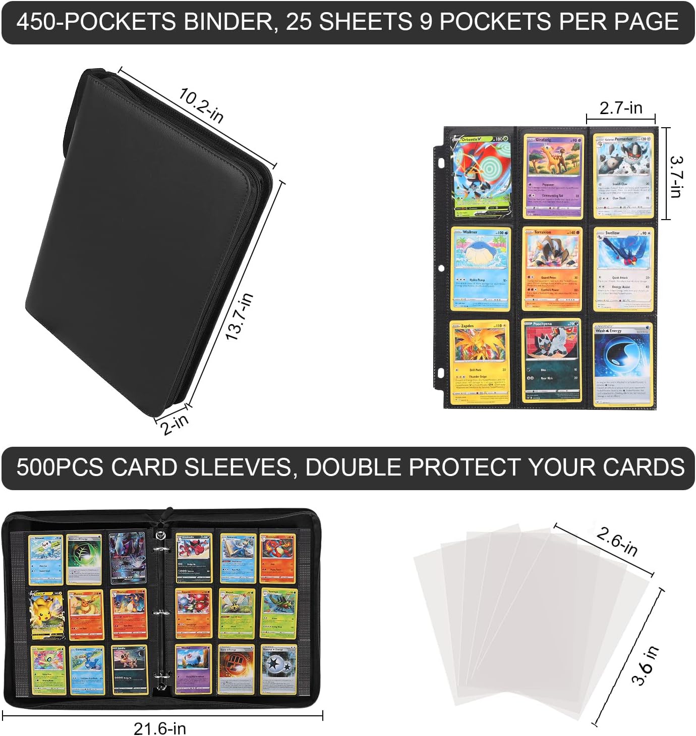 JHkim Trading Card Binder 9 Pocket - with 500PCS Card Sleeves Protectors, Baseball Card Binder Holds Up to 450 Cards, Compatible with Pokemon, NFL, MTG, Yugioh, Sports and Game Cards : Toys & Games