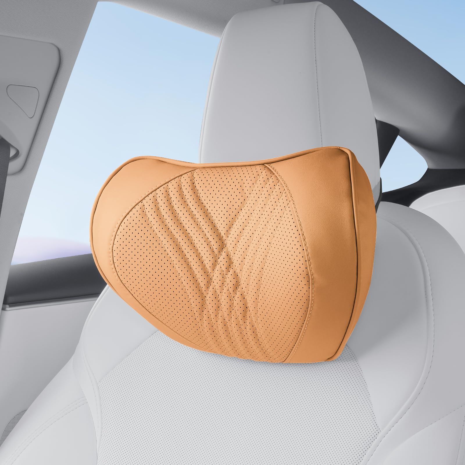 Dapucarin Leder Nackenkissen für Autositz Kopfstütze Kissen, Reisekissen Memory Foam, Komfortabel und Atmungsaktiv Auto Kissen, Abnehmbarer Abdeckung, Palomino Braun, 1 Stück