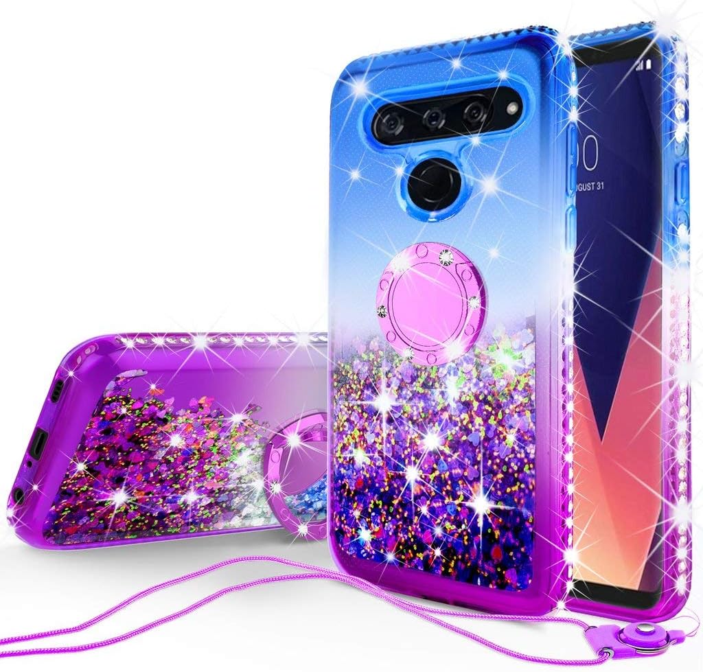 GW Cases for LG V40/V40 ThinQ Case Cute Liquid Glitter Ring Kickstand Shock Proof Phone Case Bling for Girls Women Compatible for LG V40/V40 ThinQ - Purple/Blue