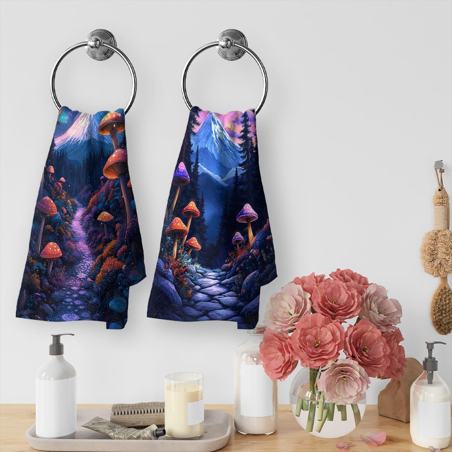 Mushroom Hand Towel Set of 2 Magical Forest with Mountain Starry Sky Absorbent Bath Towels Soft Breathable Bathroom Towel for Kitchen Hotel Spa Decor Gift 14x28 inch - Image 7