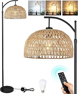 Floor Lamp for Living Room Bedroom Farmhouse Rattan Standing Lamp with Control,Wicker Black Industrial Dimmable Floor Light Rustic Adjustable Tall Lamp,Boho Bamboo Lamp Shade Floor Lamps