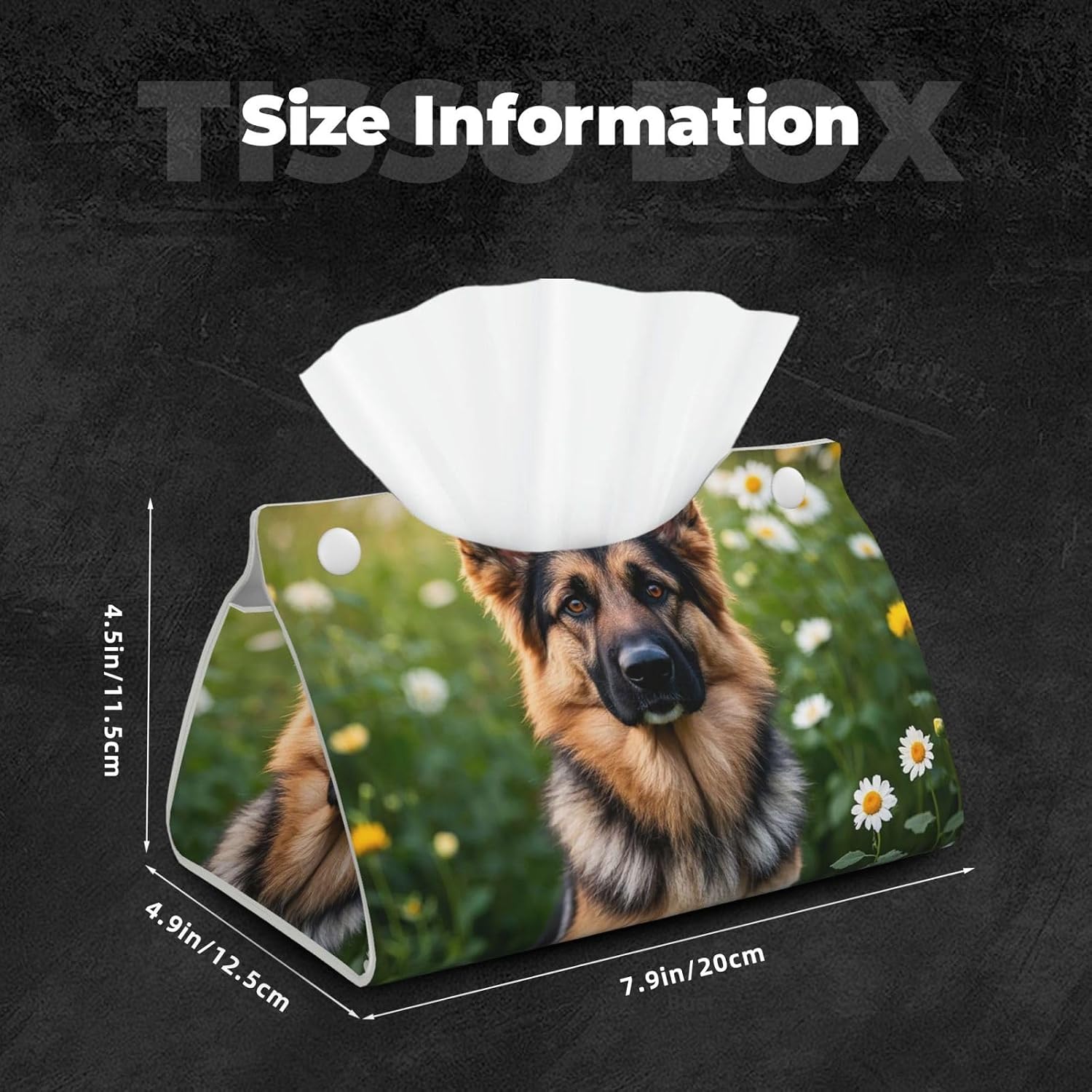 Modern Pu Leather Tissue Box Cover, Cute Pet German Shepherd Dog Rectangular Tissue Holder Wipes Dispenser Paper Cover Case Napkin Holder for Car Bathroom Bedroom Office Tabletop Decor image 3