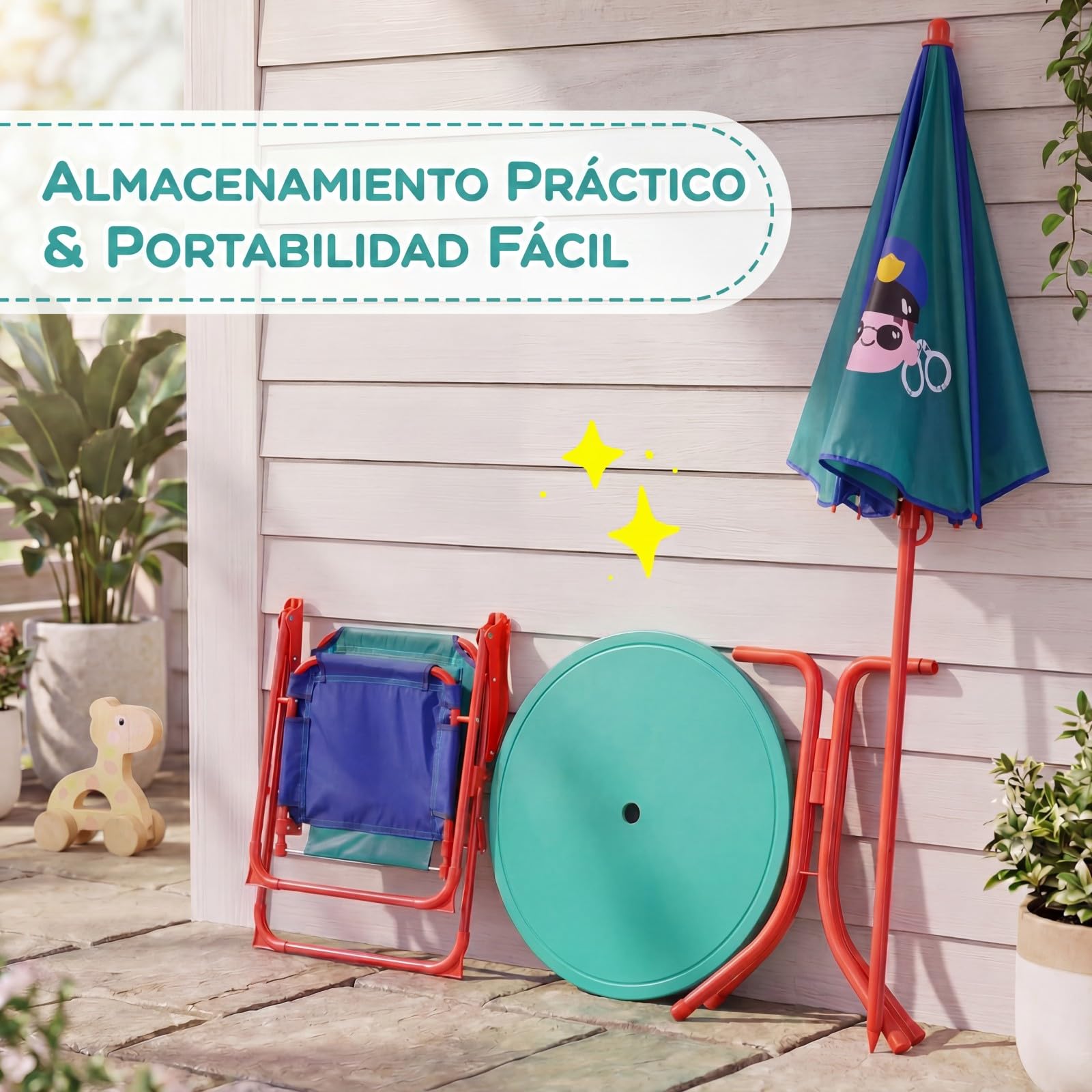 GOPLUS Juego de Mesa Picnic y Silla Playa para Niños, Mesa de Actividad Plegable Infantil con 2 Sillas Plegables y Sombrilla de Altura Ajustable, Mueble de Patio Portátil (Azul)
