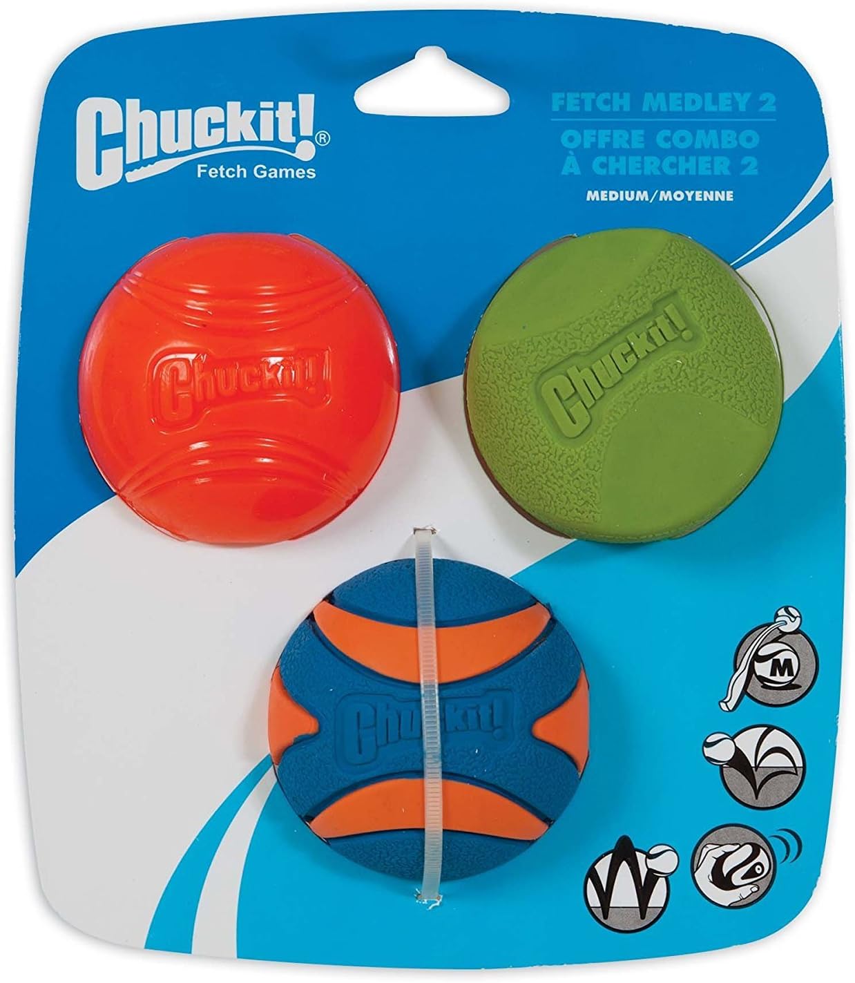 Chuckit! Fetch Medley Dog Ball Dog Toys, Medium (2.5 Inch) Pack of 3, for Medium Breeds, Includes Erratic, Strato and Ultra Squeaker Balls