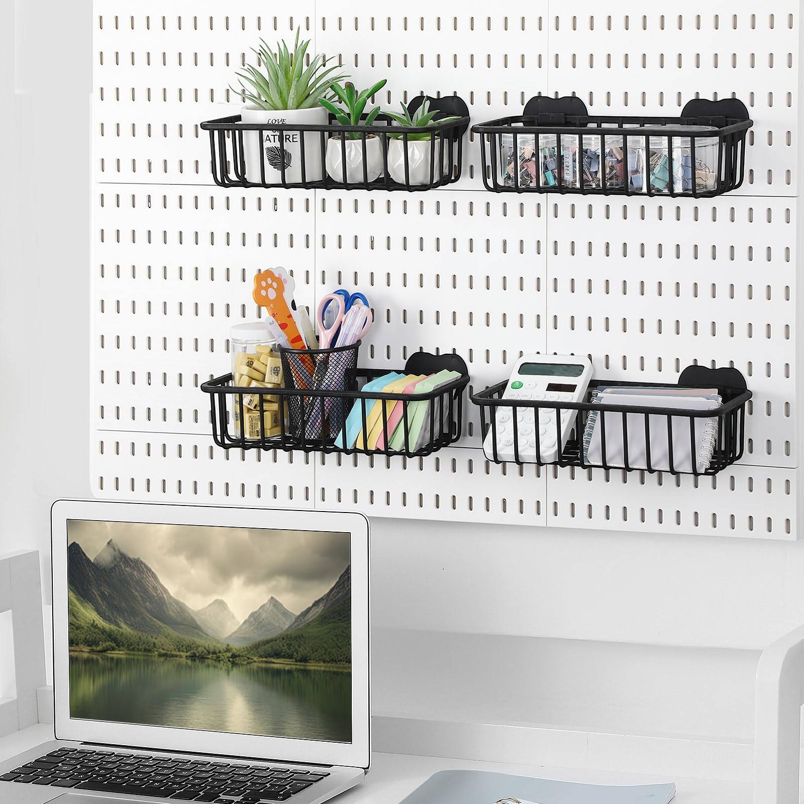 Maxdot 4 Pcs Pegboard Baskets with Hook, Compatible with IKEA Skadis Peg Board, Wall Bins and Baskets Storage Box Containers Accessories for Home