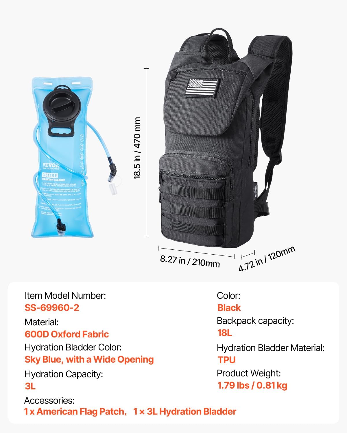 VEVOR Hydration Backpack, Insulated Hydration Pack Backpack with Water Bladder, Hiking Water Backpack with Storage for Men Women, Hydro Water Daypack for Hiking Running Cycling Camping
