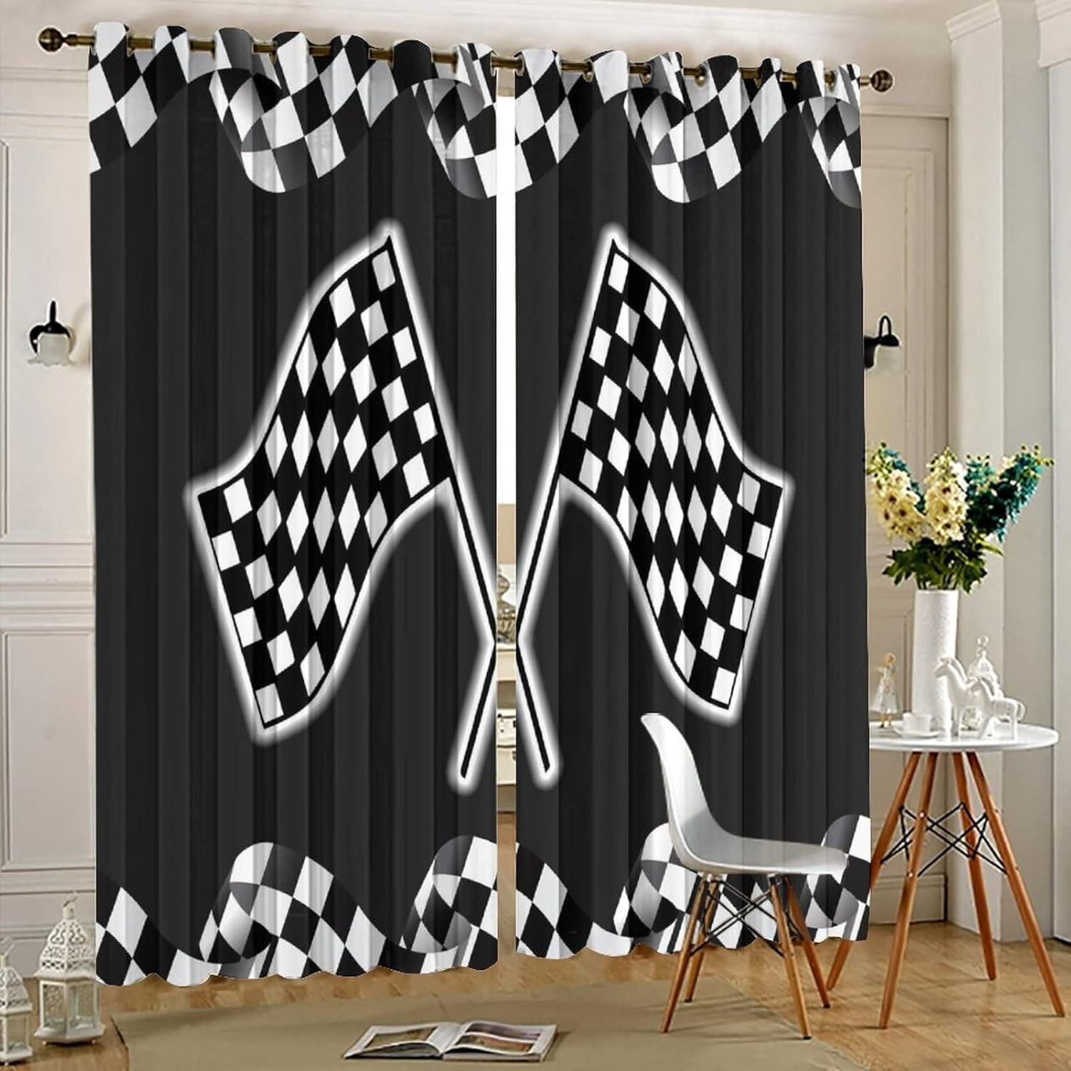 Sports Race Car Flag Blackout Curtains for Living Room,Racing Car Game Theme Racecar Plaid Checked Flag Grommet Thermal Insulated Room Darkening Curtains 63L x 21W,2 Panels