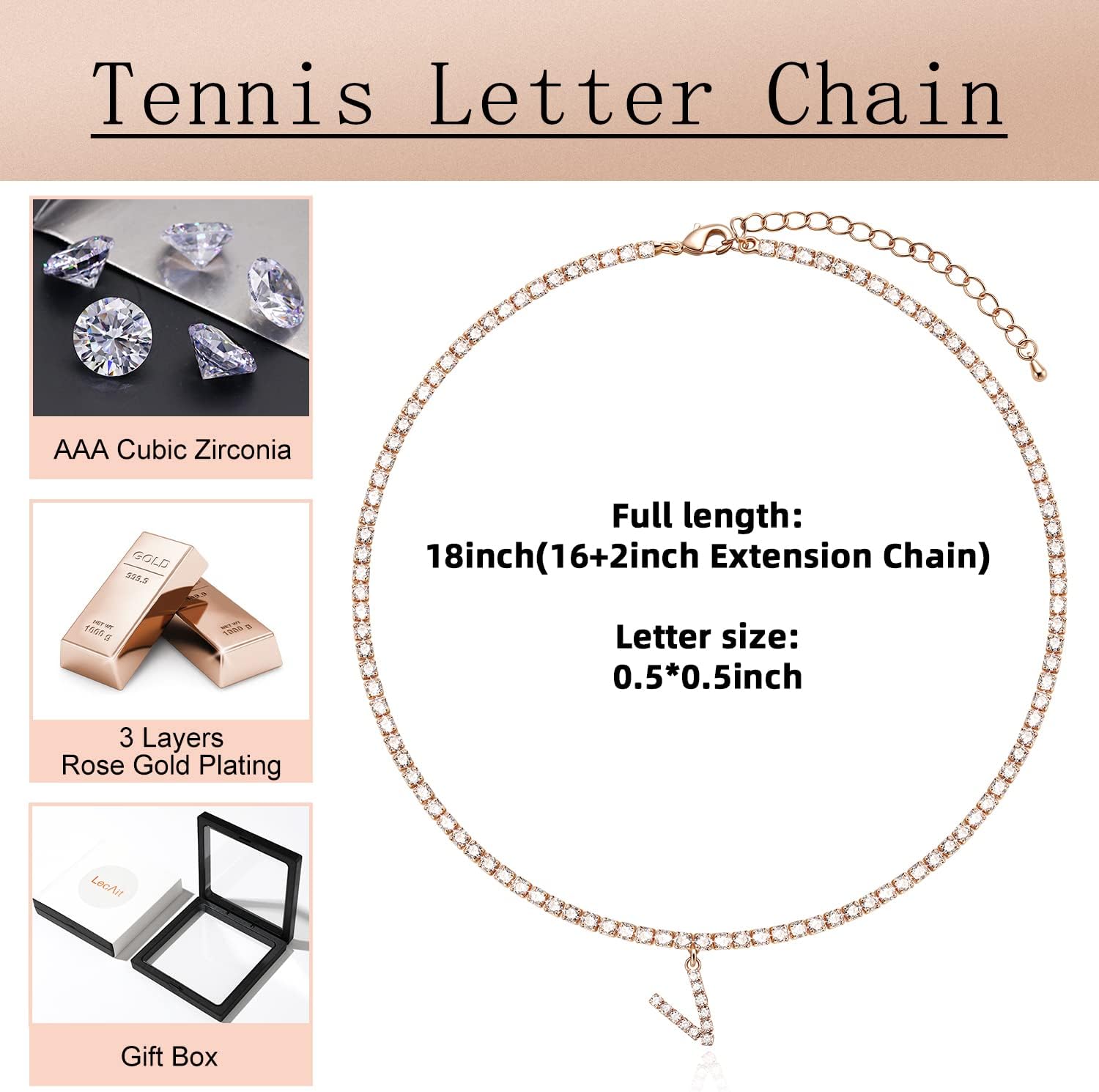 Letter Necklace 14k Gold Plated Tennis Chain Initial Choker Bling Iced CZ Diamond Necklace for Women image 5