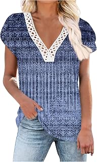 Casual Top for Women Elegant Trendy Soft Short Sleeve Lace Neck Floral Slim Jumper Tops Summer Tunic Gym Tops Going Out Tops for Women UK Vintage Shirts Blouse Sale Plus Size Tops Crochet Tops