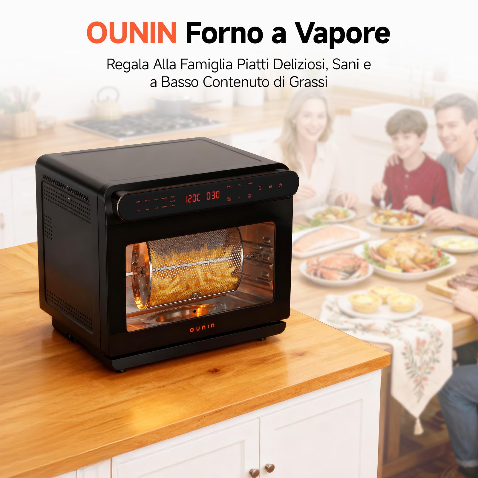 OUNIN 24L Forno Multifunzione, 11 in 1 Forno Pizza e Forno a Vapore, Cottura su Due Ripiani, Ventilazione 360°, 1600W, per Pizza, Lasagne, Arrosti, Pane, Frittura di Mare e Verdure al Vapore