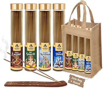 The Aroma Factory Organic Incense Sticks Aromatic Fragrances | Dhan Lakshami,Shree Ganesh,Radha Krishna & Shiva | No Charcoal, Scented Incense | Herbal Pooja Agarbatti | 4x100g Jute Bag Giftset