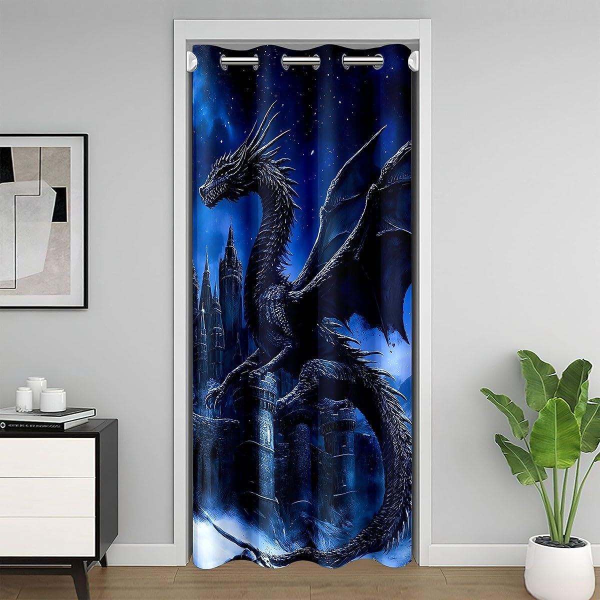 Dragon Door Curtain Vintage Princess Castle Blackout Curtain for Closet Door Western Magical Animal All Season Blackout Curtain Dreamy Blue Galaxy Sky Door Drape 42" W X 80" L