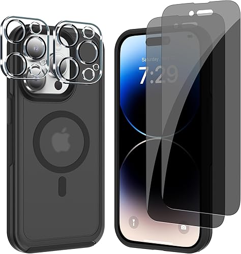 Funda MagSafe a prueba de golpes anticaídas para iPhone 14 Pro (5 en 1) con protector de pantalla de vidrio antiespía, protector de lente de cámara
