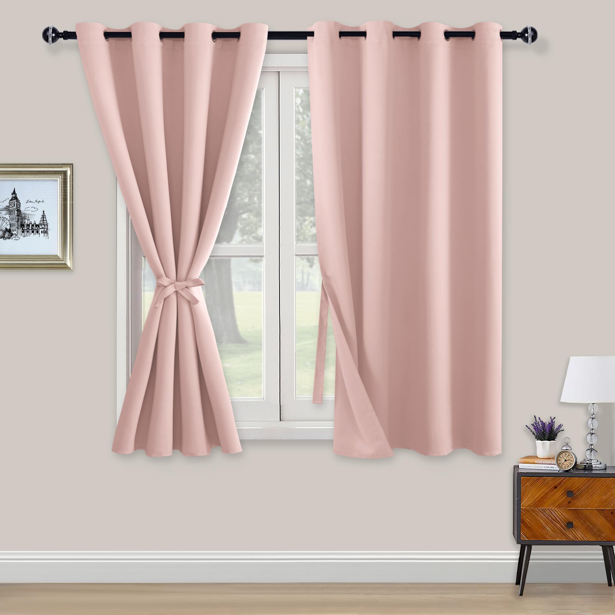 XWZO Blackout Curtains Shades Window Curtain Panels with Tiebacks- Noise Reduction and Thermal Insulated Eyelet Curtains for Bedroom,Living Room,Office,Study Room Pink W52xL54