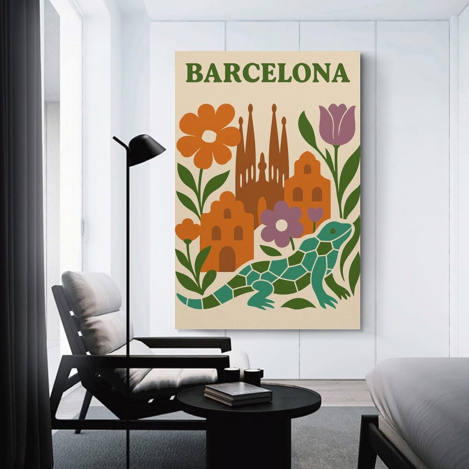 Junmoney Barcelona Cityscape with Lizard And Flowers Hanging Wall Art, 24x36inch(60x90cm), for Gallery Wall Decor And Room Displays, Home Wall Art for Statement Displays