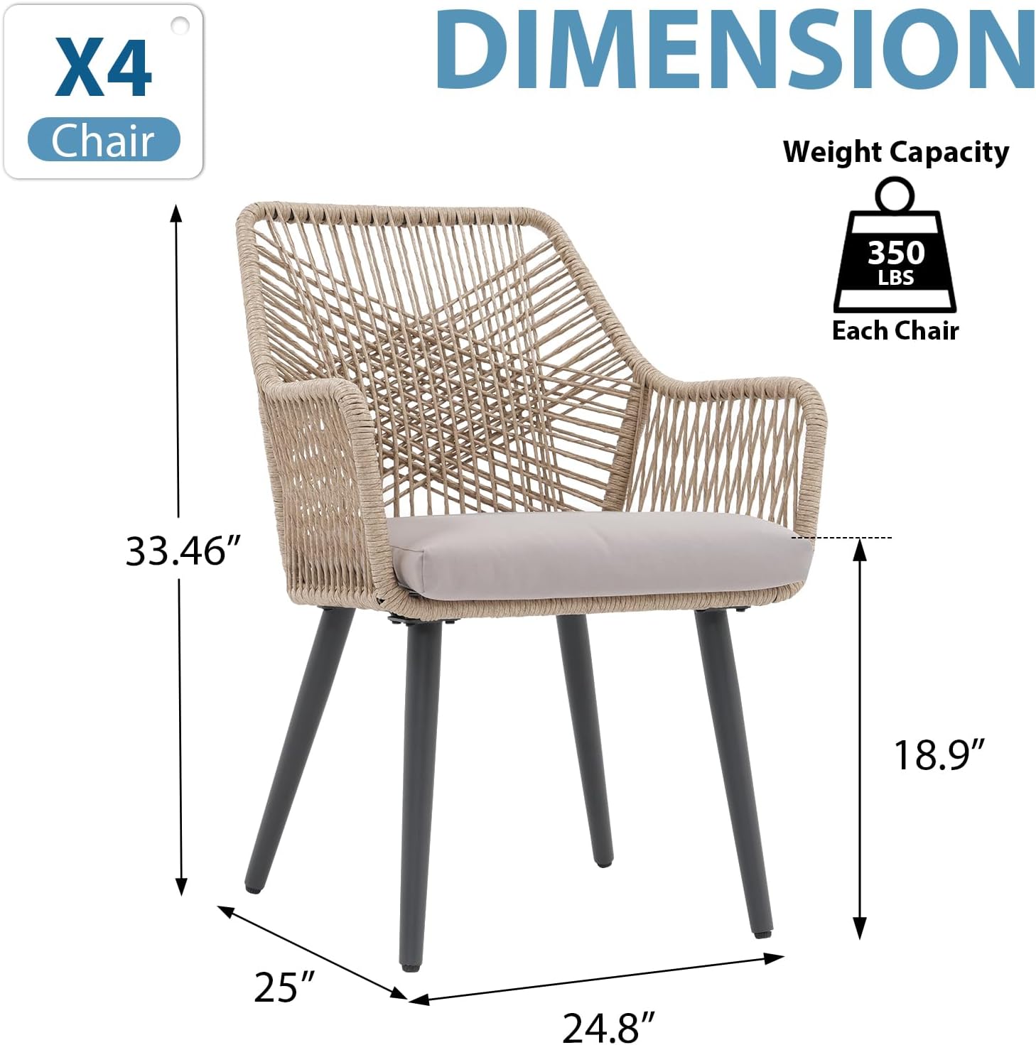 JOIVI Outdoor Dining Chairs Set of 4, 4 Pieces Woven Rope Patio Chairs with Armrest and Seat Cushions for Outside Porch, Balcony or Indoor Kitchen, Restaurant, Tan