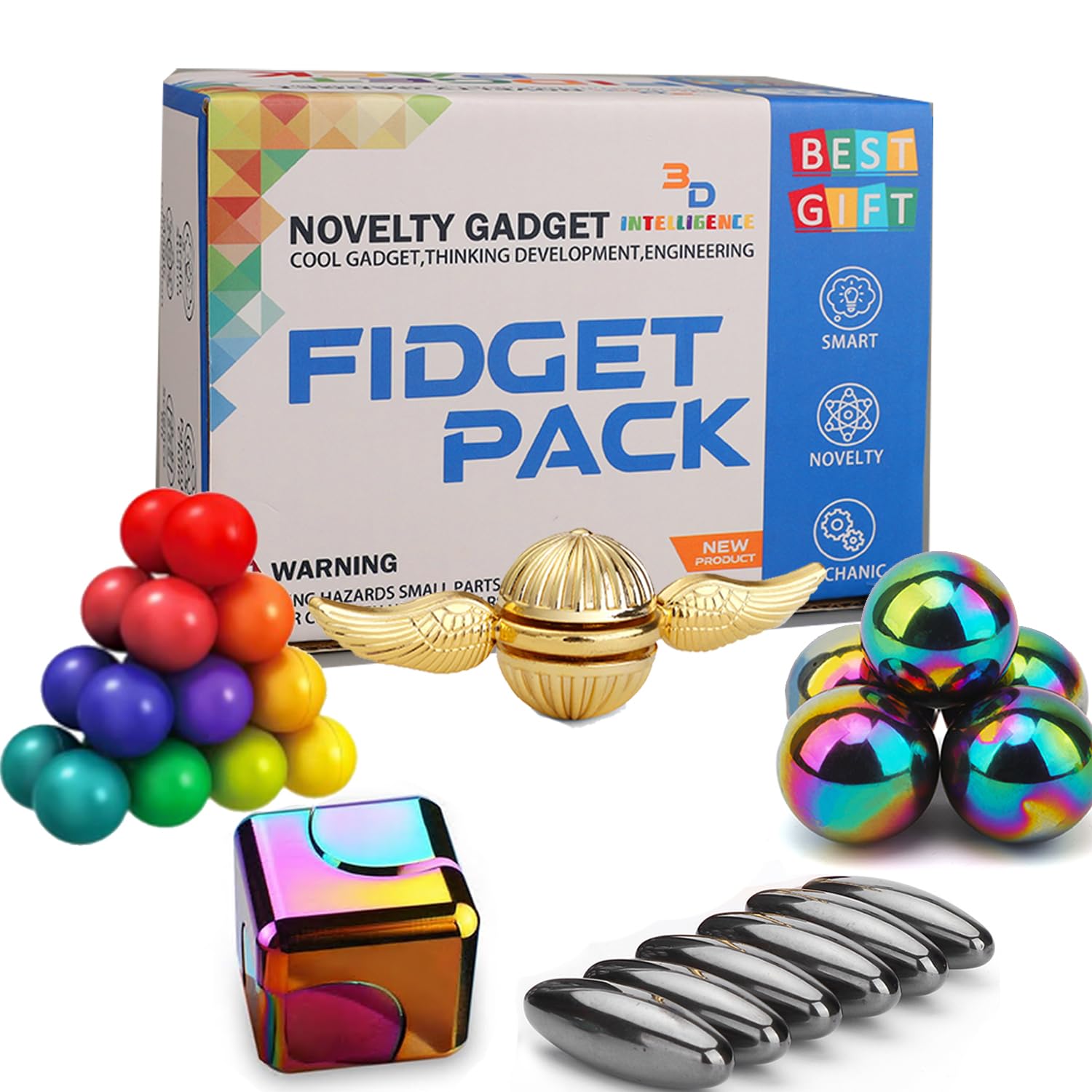 Cool Fidget Spinners Chain Metal, Hematite Magnet Orb Sphere Ring, Fidget Roller Pad, Rattle Magnetic Oval Snake Egg Gift for Adults, Infinity Cube Stress Desk Toy Party Favors 13 Pack