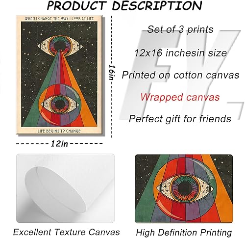 Miniatura 6 de 3 piezas de arte de pared retro hippie de los años 70, pósteres psicodélicos de los años 70, decoración de pared, meditación, citas inspiradoras,
