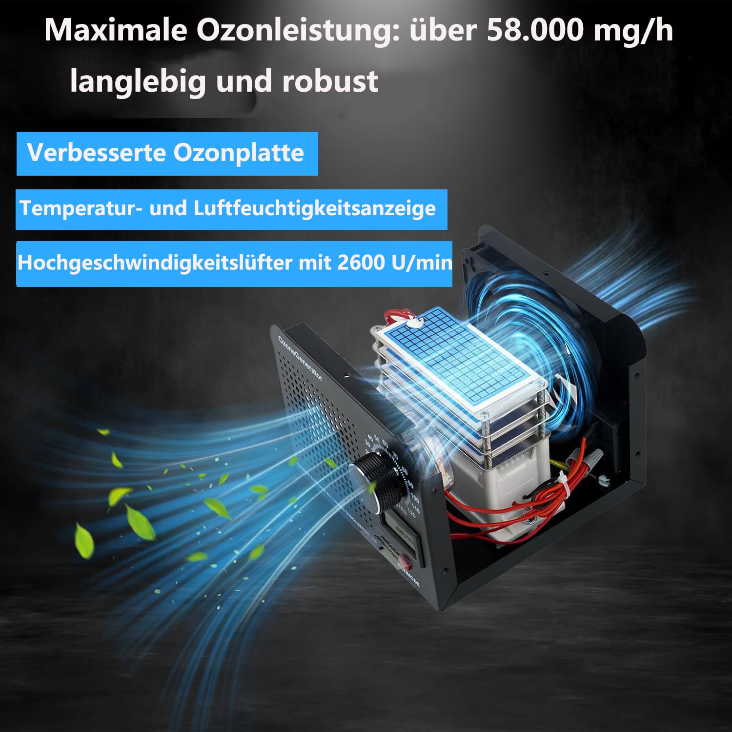 Generatore di ozono, 60000 mg/ora, con indicatore di temperatura e umidità, purificatore d'aria con timer da 120 minuti, per auto, appartamento, stanza, fumo, odori di animali domestici e odori della