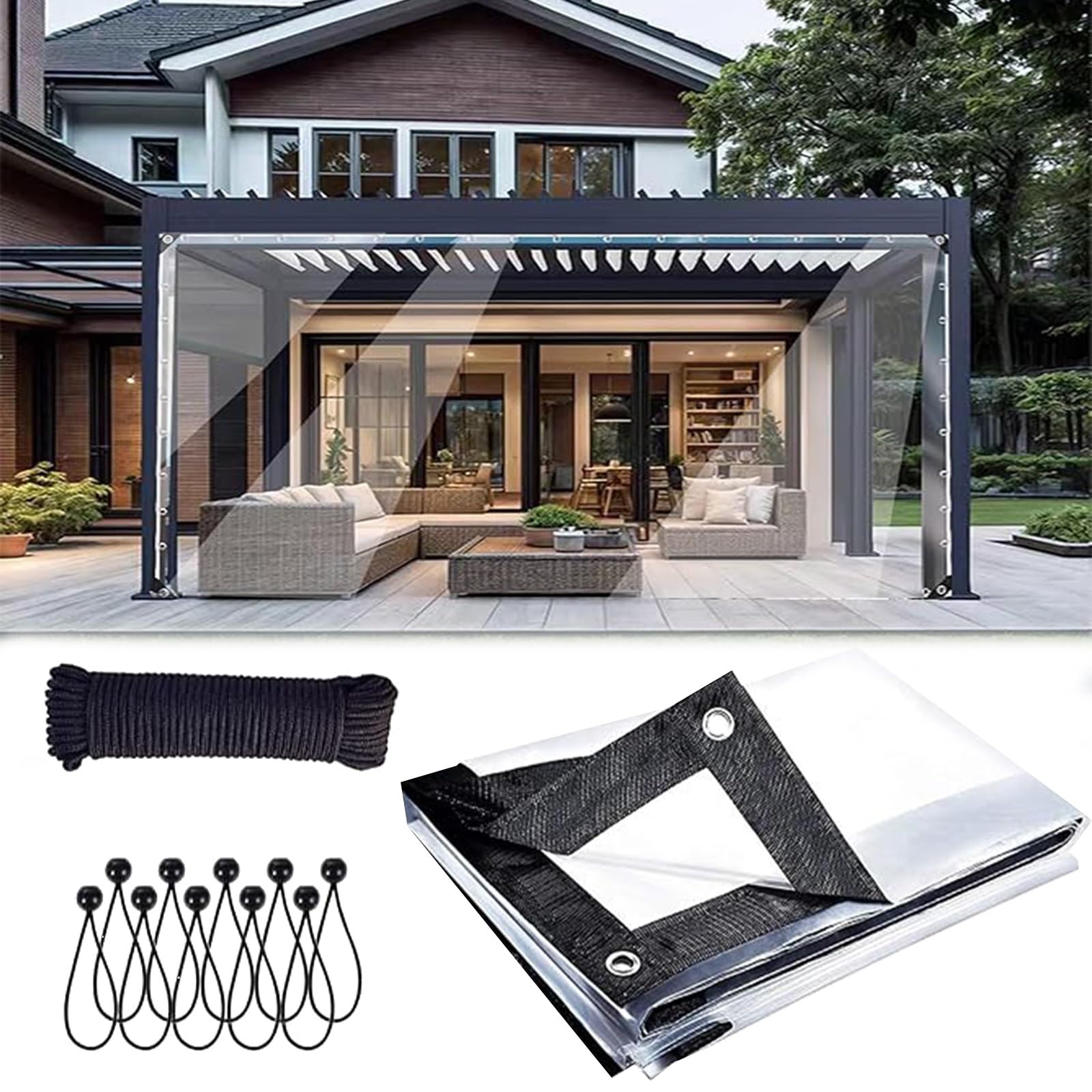 Transparente Vinylplane, 4,5 x 7,8 m, wasserdicht, 100 % transparent, UV-beständige Kunststofffolie für Balkon, Garten, Terrasse und Schutz im Freien