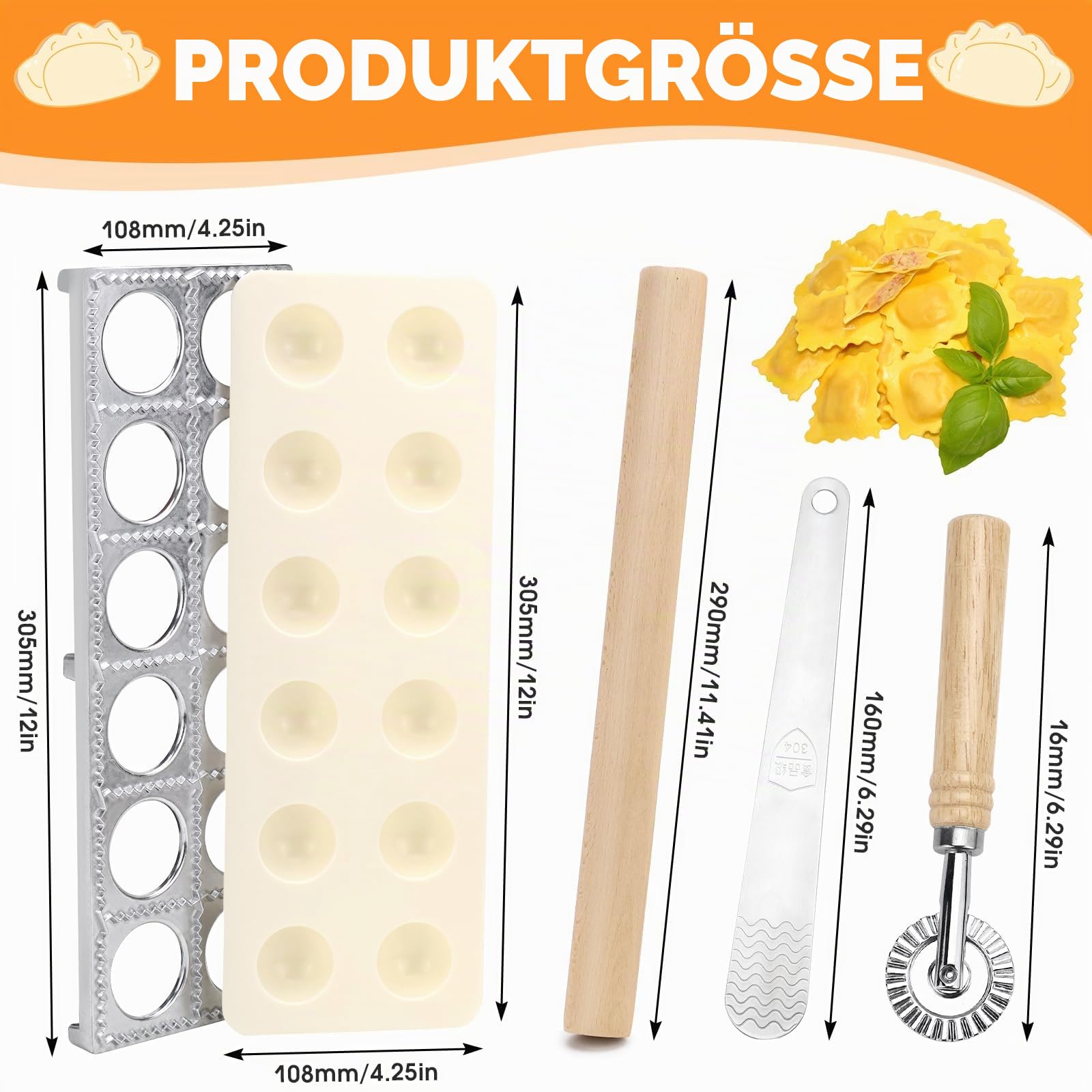 Ravioli Maker Set, Ravioli Former mit Nudelholz, Teigtaschenrad, Fleischspatel