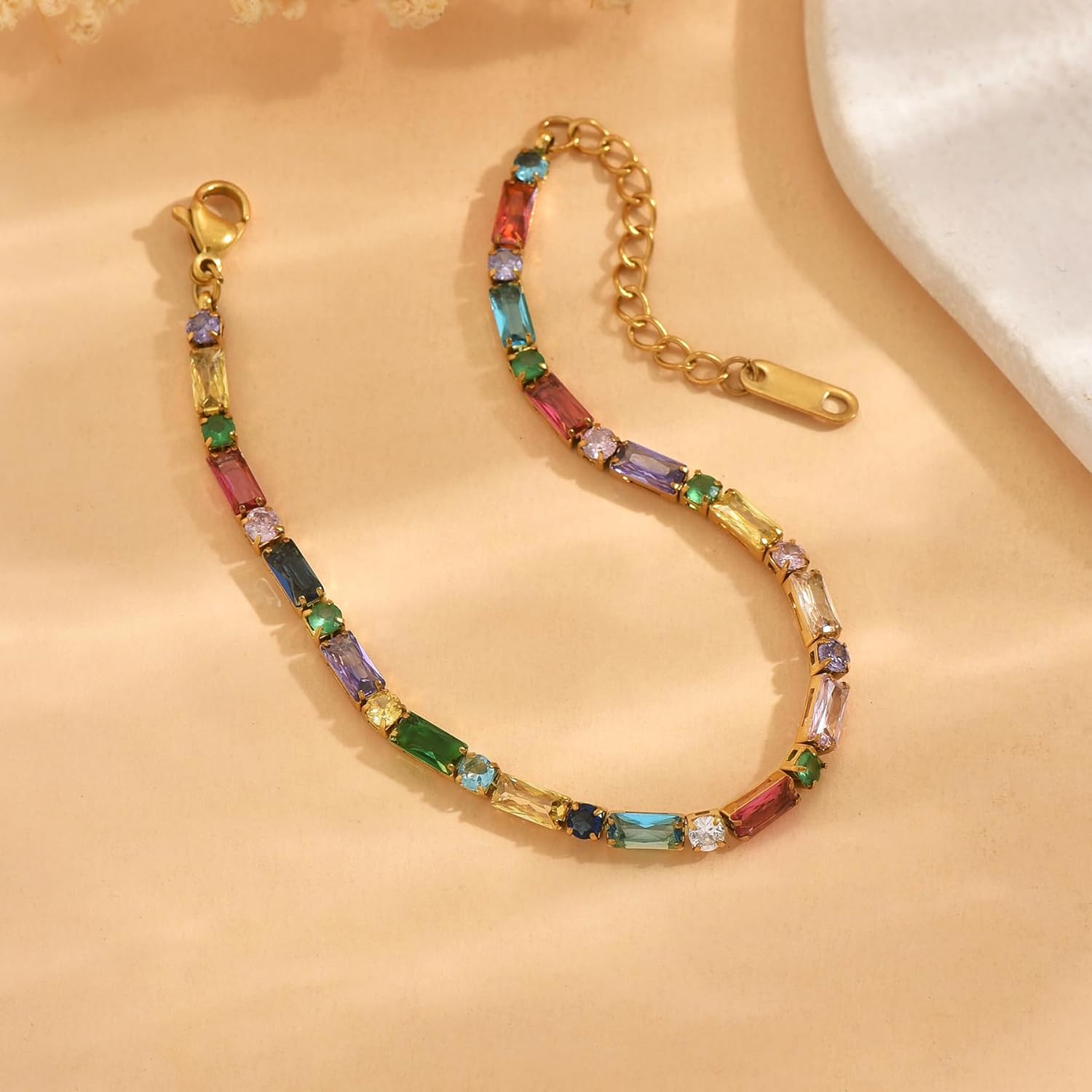 18K Gold Plated Multi-Color Classic Tennis Bracelet for Women Dainty Color 3mm Rainbow Cubic Zirconia Bracelet Adjustable CZ Gold Bracelets Trendy Summer Jewelry Gift - Image 6