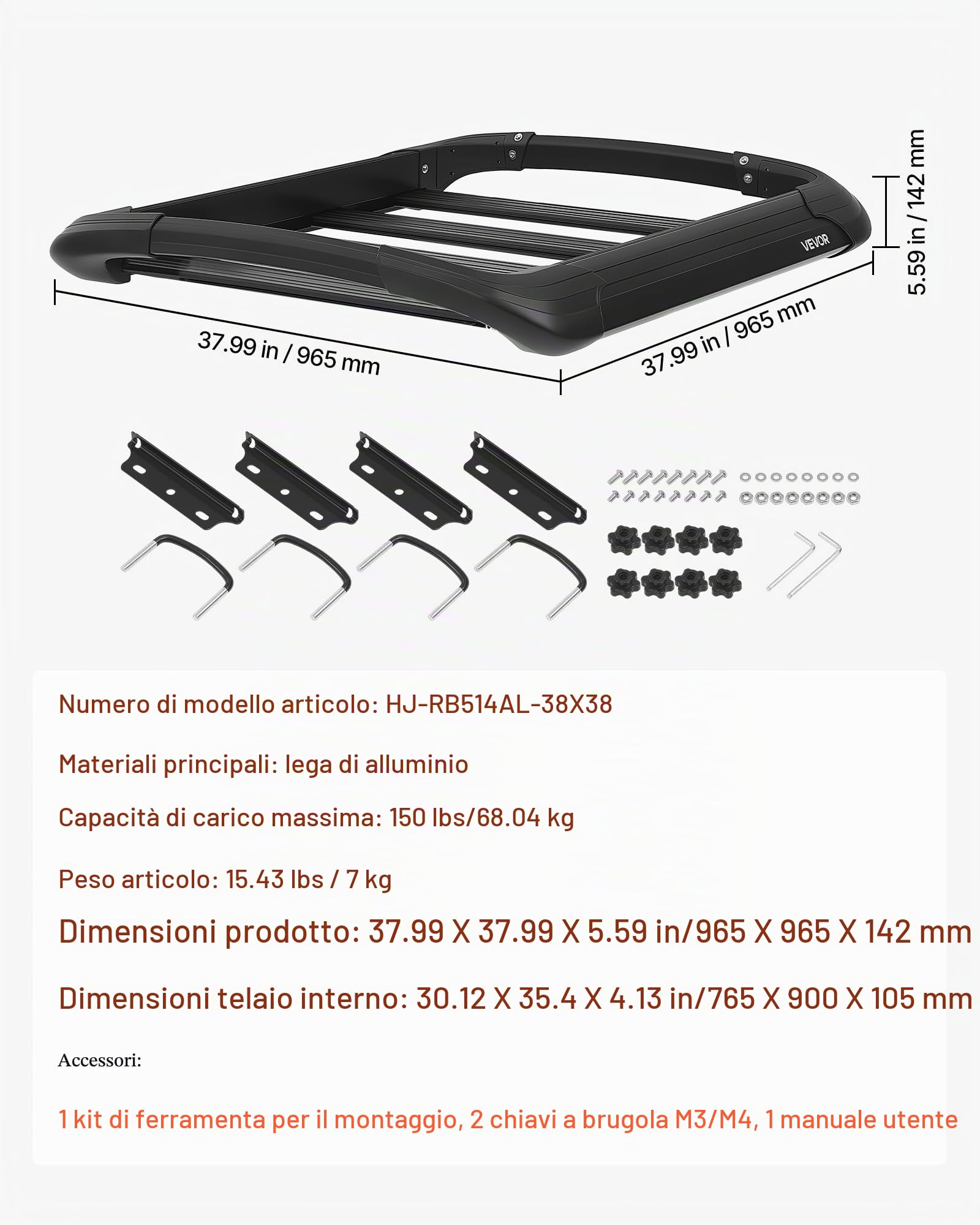 VEVOR Portapacchi da Tetto Auto, Griglia Porta Valigie da Tetto 965 x 965 x 142 mm Carico max 68,04 kg Portapacchi Universale per SUV Furgoni, Compatibile con Barre Trasversali fino a 90 x 50 mm