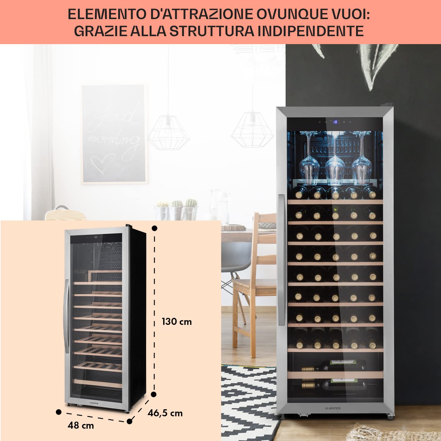 KLARSTEIN Cantinetta Vino, Cantinetta Vino Refrigerata a Zona Singola per Interno/Esterni, Frigo Bar, Cantina Vino con Vetrina, Mini Bar con Protezione UV, Frigo Vino Touch, 4-18°C, 46 Bottiglie