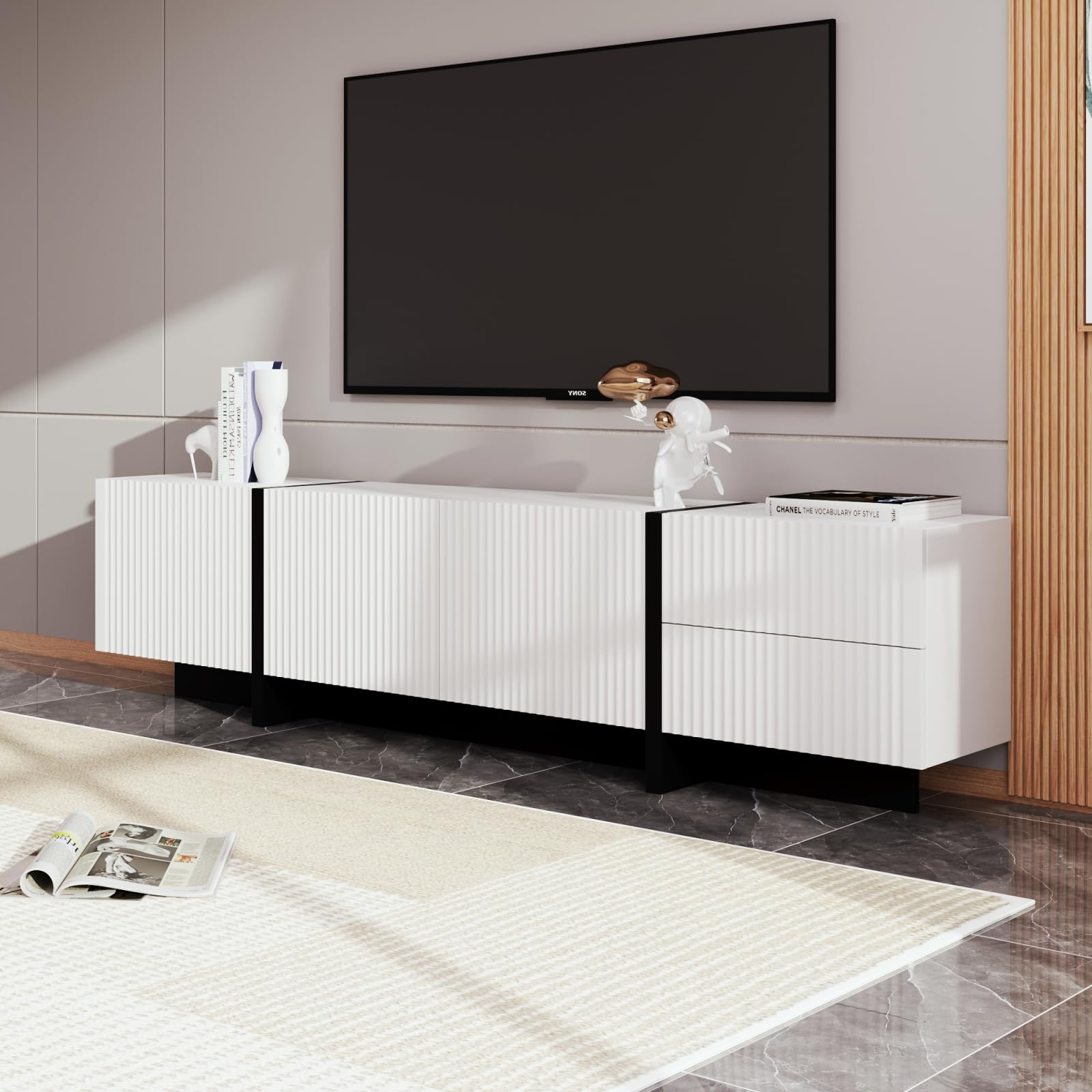 Mobile TV da 190 cm, mobile basso per TV con 3 ante e 2 cassetti, lucido per TV fino a 85 pollici, mobile TV per soggiorno, 190 x 35 x 45 cm, colore: bianco e nero