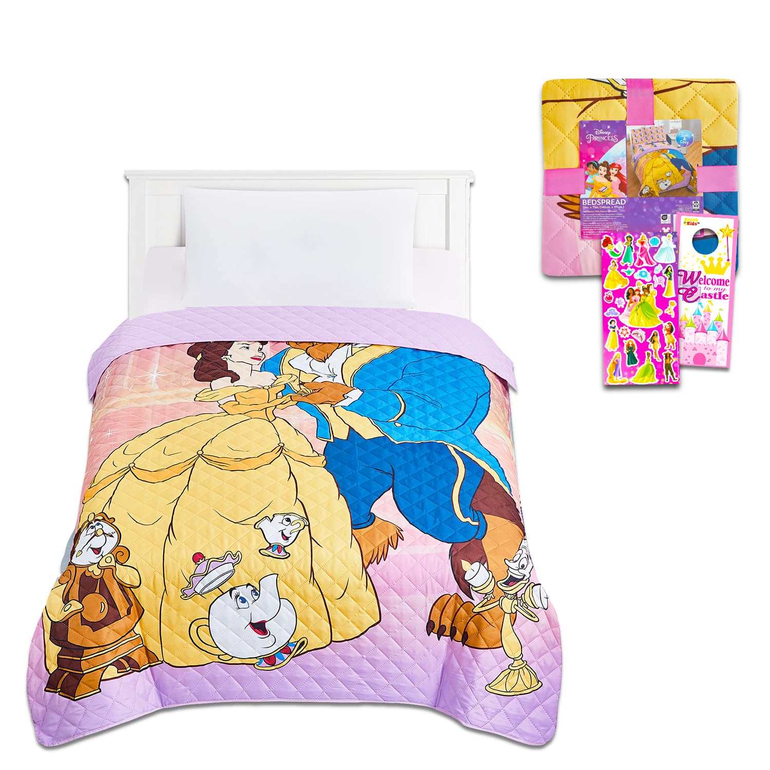 Juego de colcha de La Bella y la Bestia para niños, paquete con colcha acolchada de princesa Bella para cama individual y decoración de habitación, más | Juego de ropa de cama individual de La Bella y