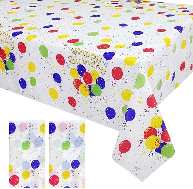 2pcs Party Disposable Tablecloths for Boys Girls Birthday Party Table Cover, 54*108 inch Large Rectangular Disposable Plastic Tablecloth for Kid's Birthday Party Paper Table Cloth (Colorful Balloons)