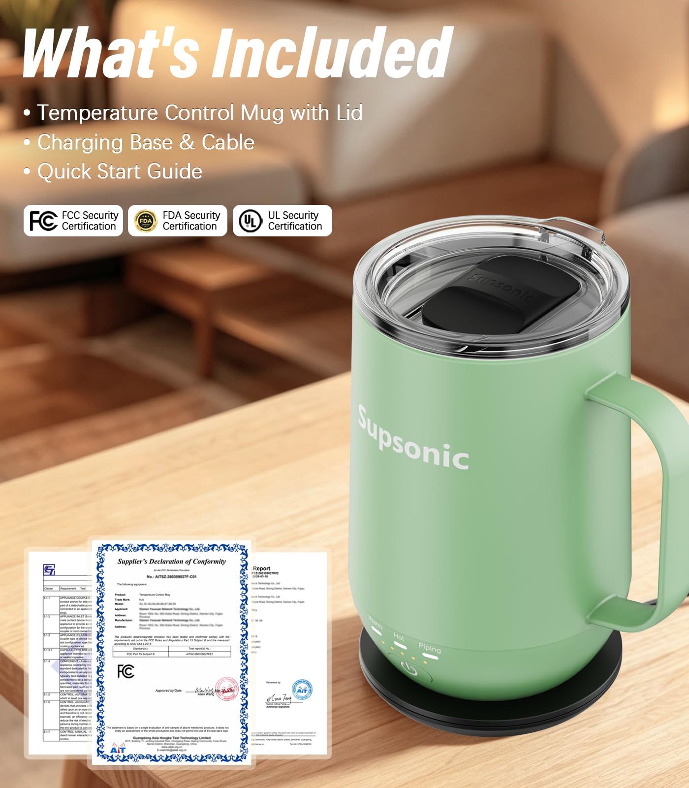 Supsonic - Taza de café autocalentable de 16 onzas, taza de café calentada inteligente, calentamiento más rápido de contacto directo de hasta 65.0 °C, juego de calentador de tazas de café con apagado