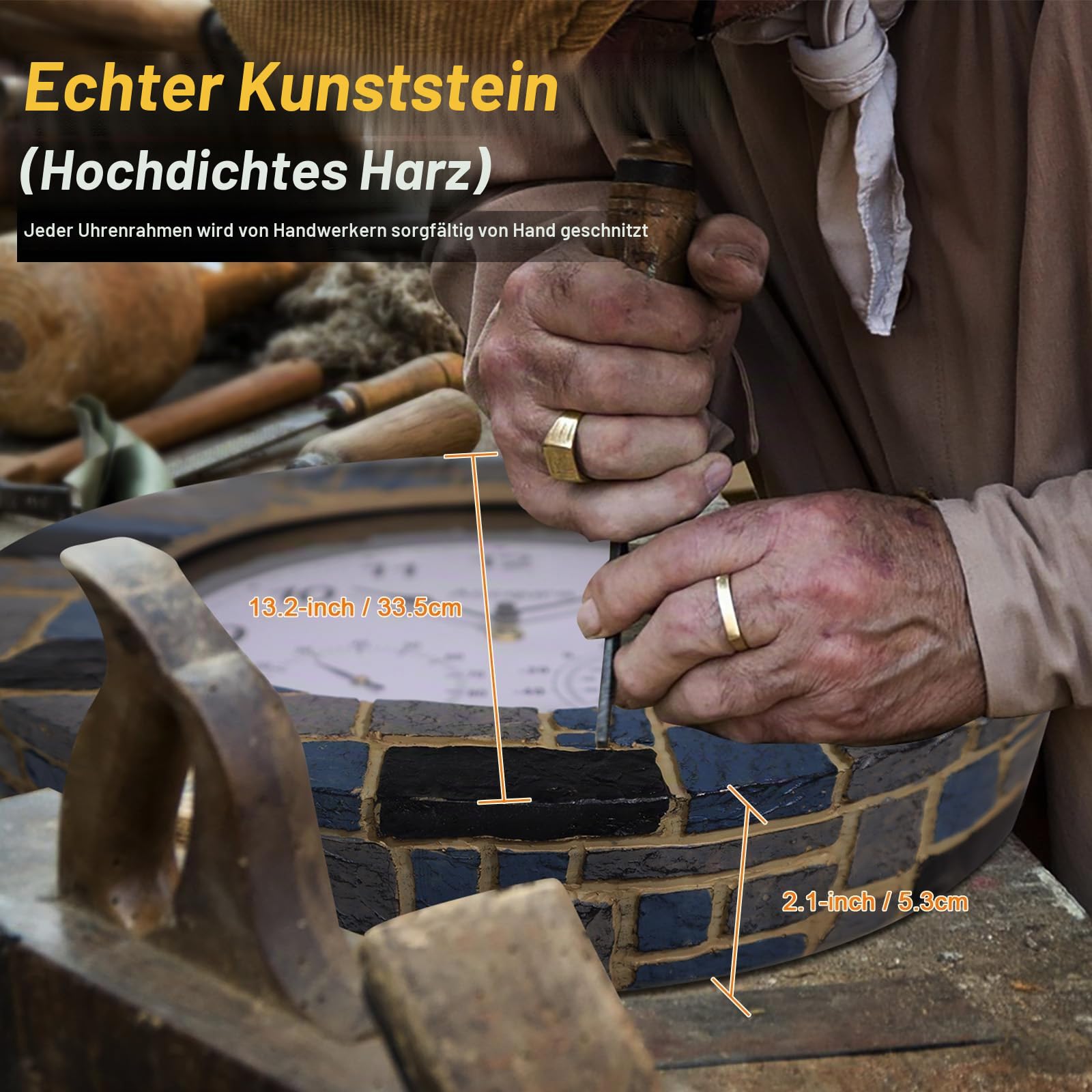 Outdoor Gartenuhr Wanduhren im Freien Echter Kunststein mit wasserdichtem Innendekor mit Thermometer und Hygrometer für Veranda Terrassenzaun Hinterhof Pool Badezimmer Küche 33 Zentimeter