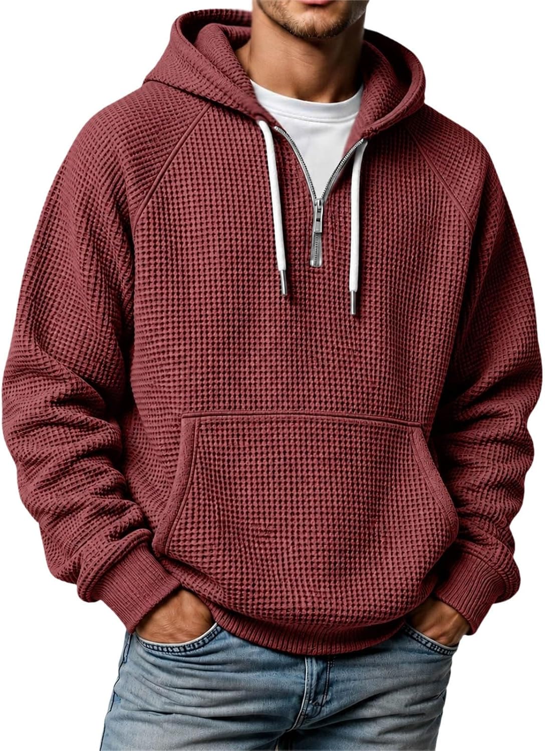 Quarter Zip Hoodie For Men Oversized Waffle 1/4 Zip Hooded Sweatshirt