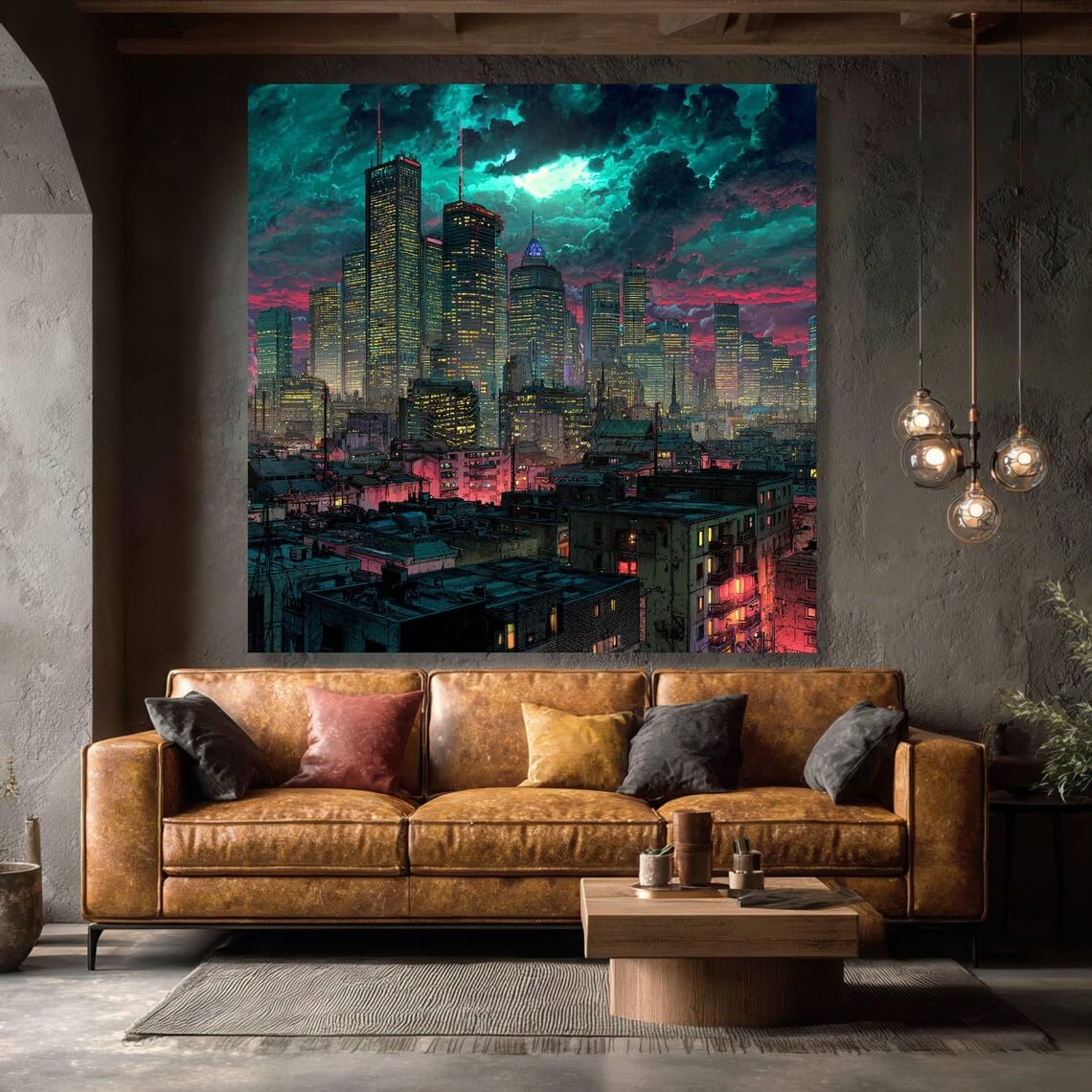Décoration intérieure toile bâtiments illuminés nuit moderne - 8