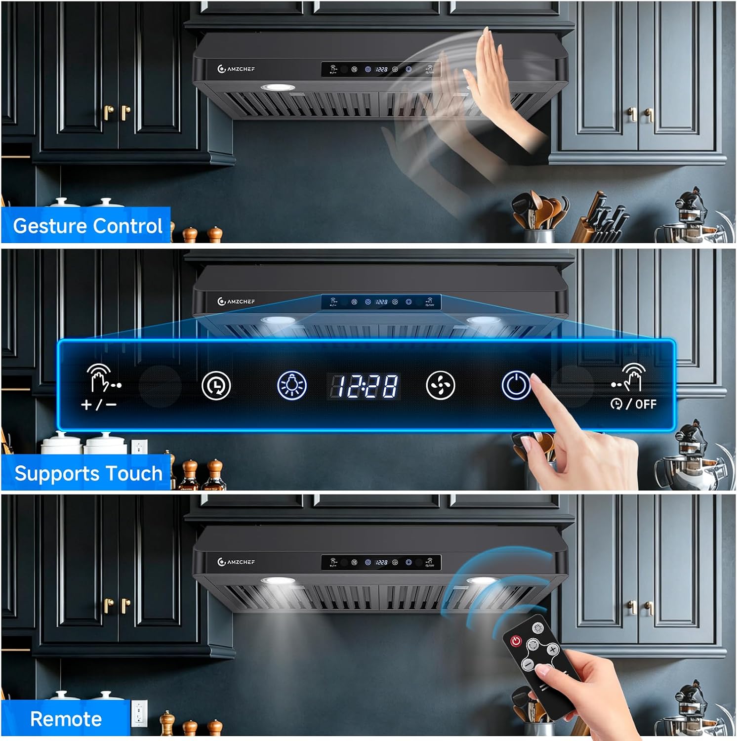 AMZCHEF 30" Under-Cabinet Range Hood - 750 CFM Stainless Steel Kitchen Vent with 3-Speed Fan, Touch/Remote/Gesture Control, LED Lights, Timer, & Dishwasher-Safe Baffle Filters (Black)