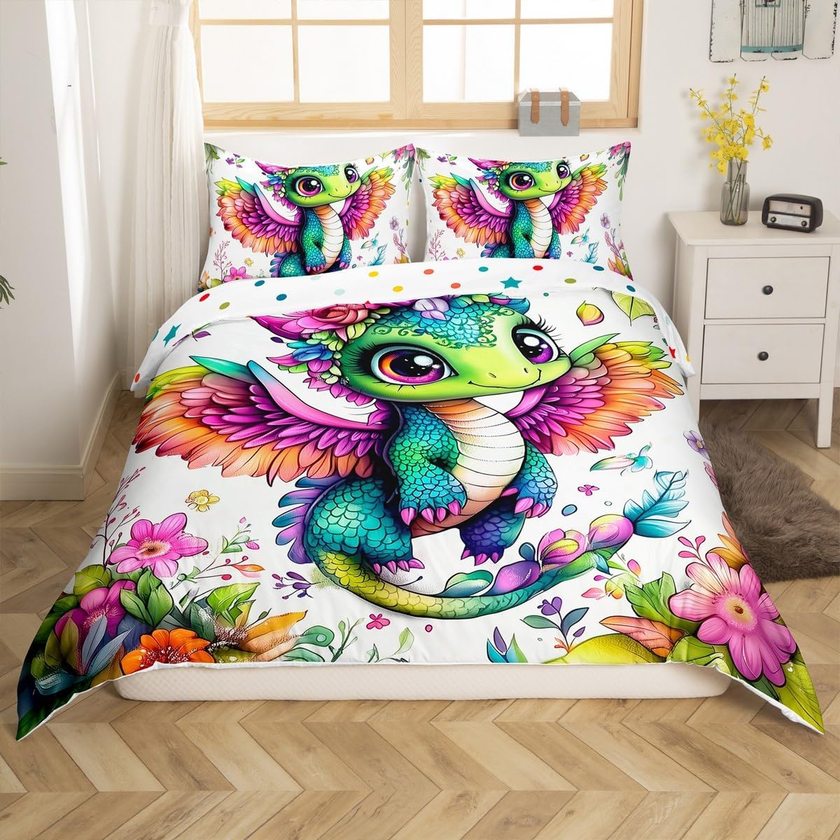Erosebridal Cute Dragon Toddler Bedding Set for Kids Boys Girls Room Decor,Cartoon Animal Comforter Cover Kawaii Wing Dragon Duvet Cover Colorful Flowers Bedspread Cover