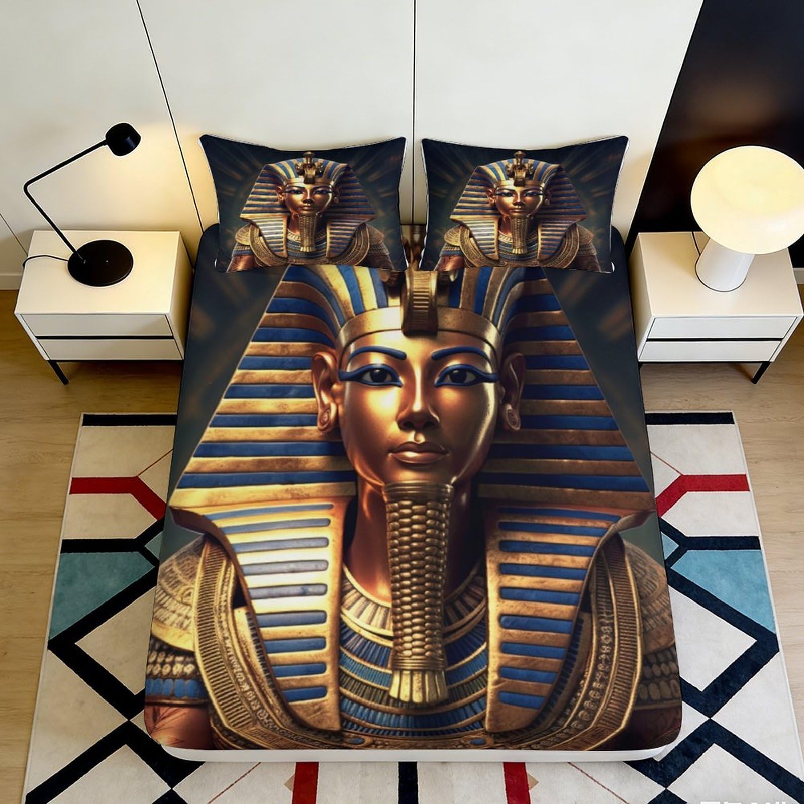 3D Printed Pharaoh Microfiber Fitted Sheet Egyptian Design Bed Cover Soft Breathable Ancient Egypt Mattress Cover for Bedroom Dormitory Guest Room 160x200x25cm