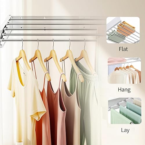 Miniatura 6 de Tendedero de pared retráctil para ropa sucia, 31.5 pulgadas con capacidad de 60 libras, estante de secado de ropa resistente, diseño plegable que