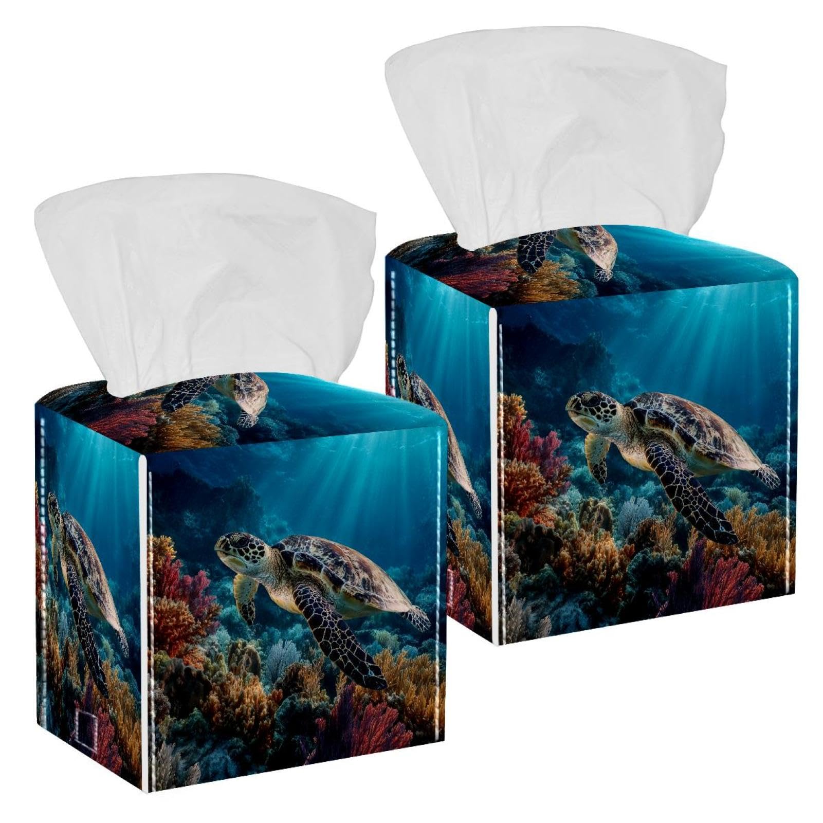 Sea Turtle Tissue Box Cover, 2 Pack PU Leather Square Facial Tissue Dispenser Box holder for Home Office Car