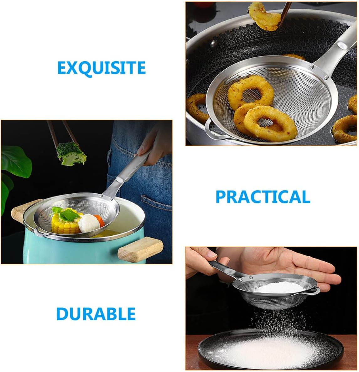 Stainless Steel Food Strainers 11cm 15cm Set, Professional Oil Strainer and Reusable Flour Colander with Ergonomic Mesh for Kitchen Cooking and Baking