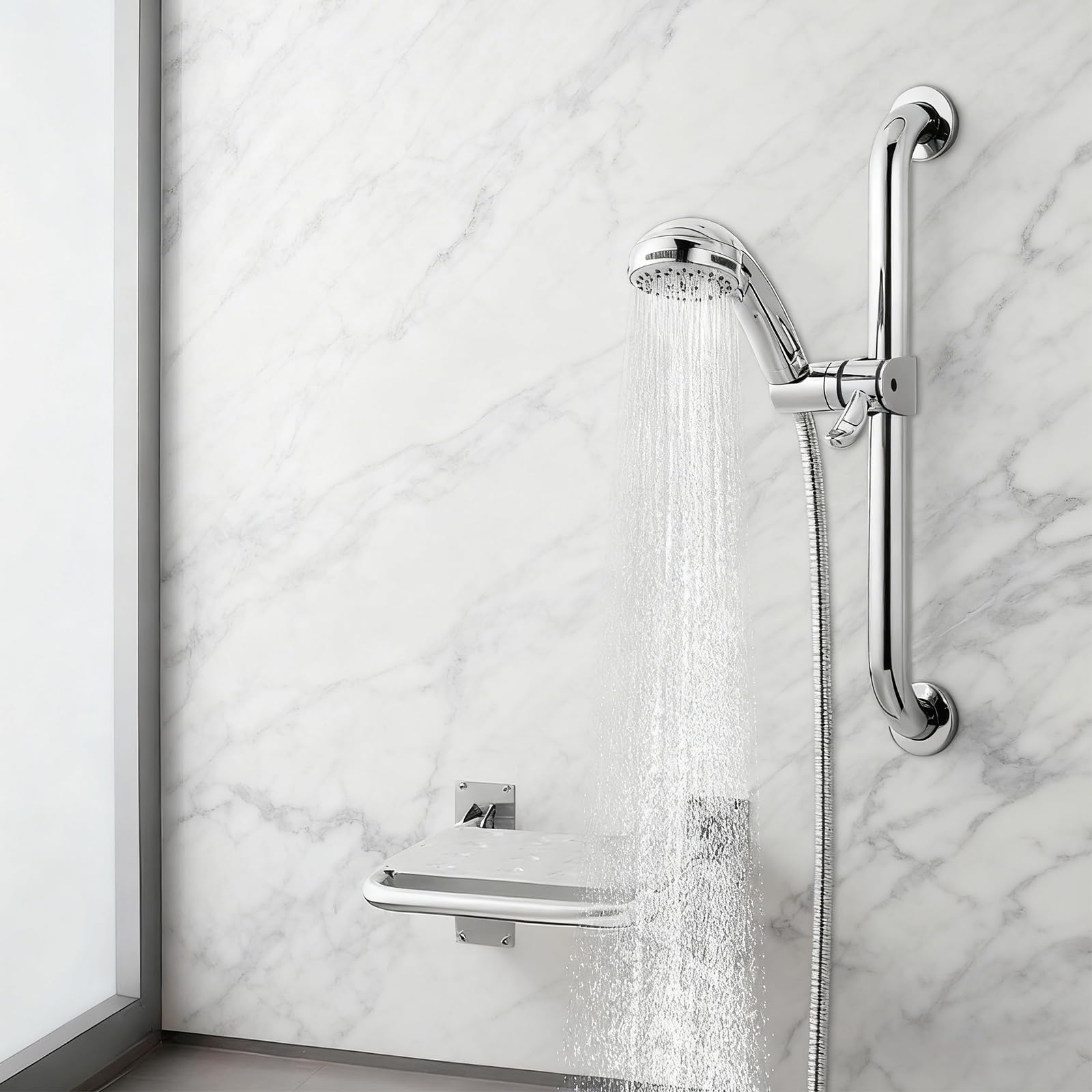 Supporto Soffione Doccia Universale per Maniglioni 32mm, Girevole a 360°, Accessorio Sostitutivo per Bagno, Finitura Cromata