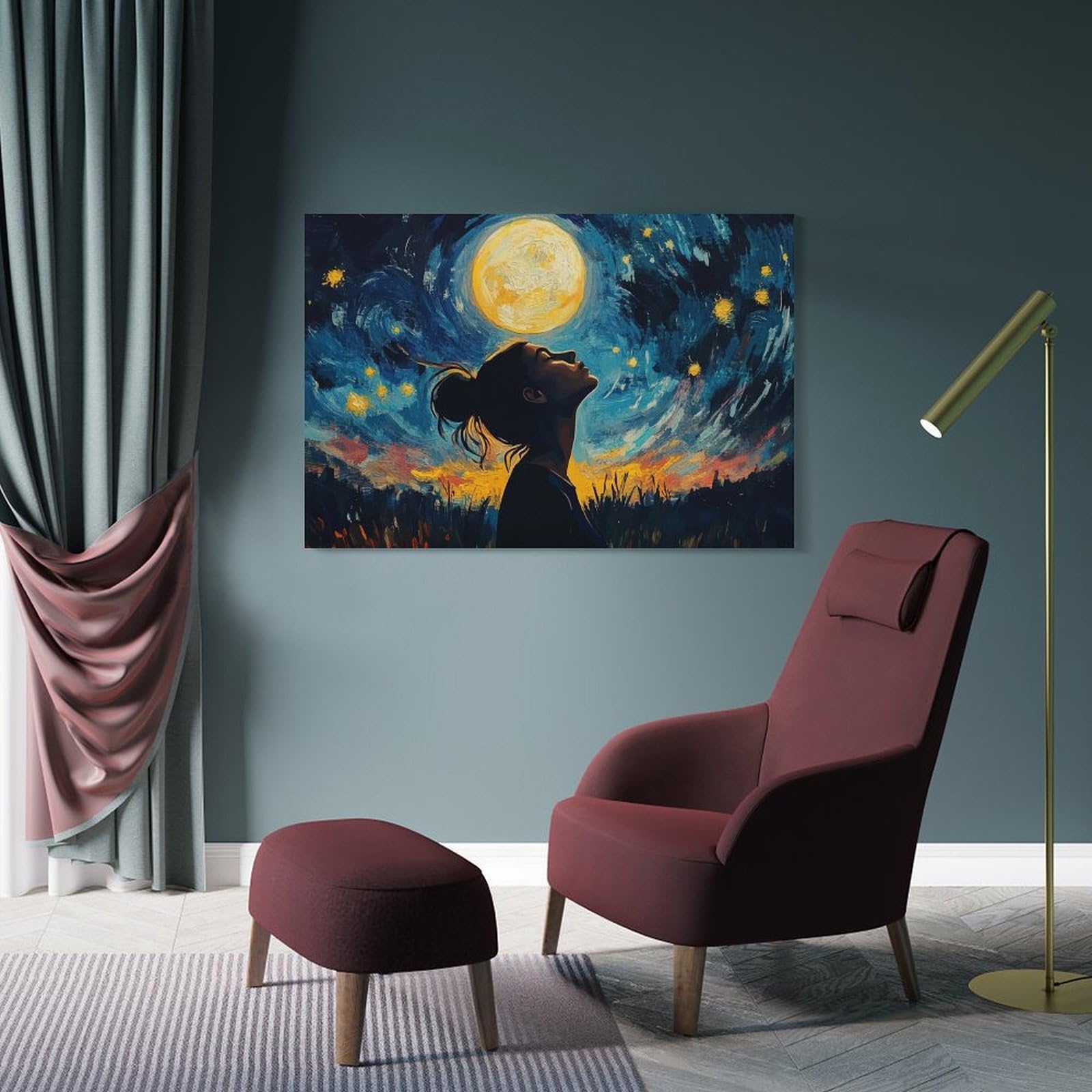 Junmoney Frame-Style-24 Woman Gazing At The Moon Home Decor Wall Art 20X30inch(50X75cm), For Bedroom, Guest Room Or Reading Nook, Decorative Wall Art For Cosy Rooms
